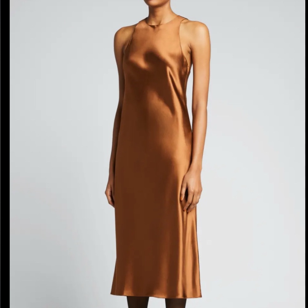 Tibi Heavy Satin Slip Midi Dress in Copper Brown